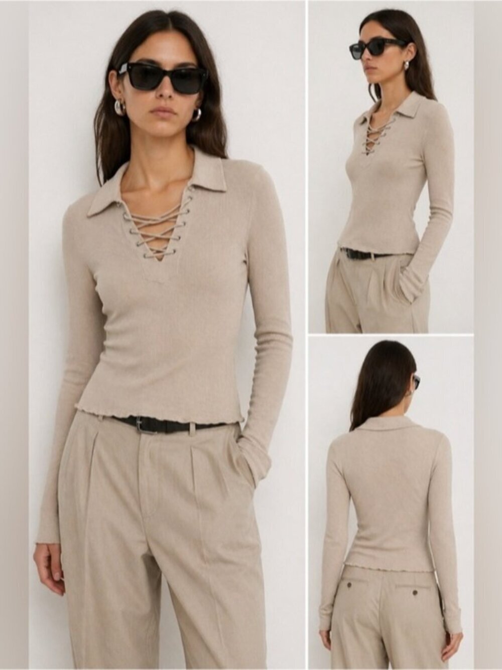 Acne Studios Beige Lace-Up Ribbed Long Sleeve Top Women’s Size S Slim Fit